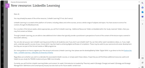 A Blackboard Course Annoucement titled New Resource LinkedIn Learning.