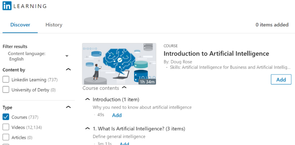 The LinkedIn Learning inerface showing an Introduction to Artificial Intelligence course.