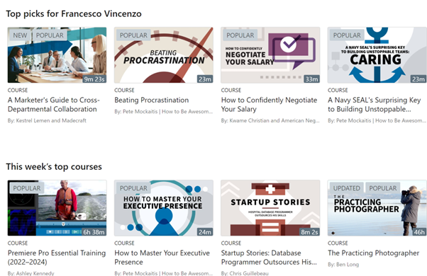 A screenshot of a LinkedIn Learning Homepage showing Top picks and This week's top courses for a user.