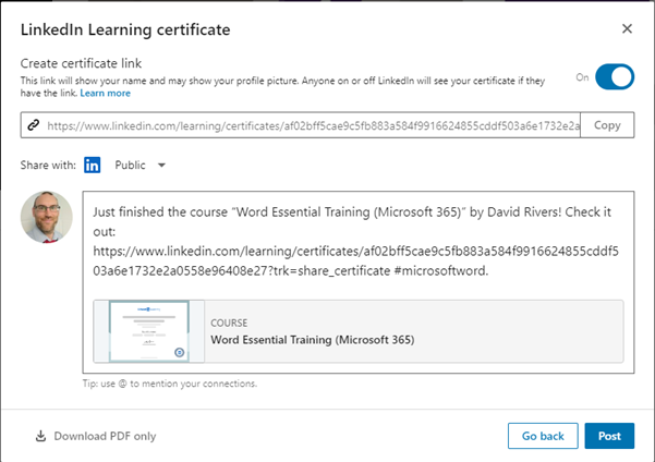 Image showing the option to download a LinkedIn Learning certificate and to also post it to a personal profile.