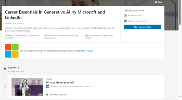 A learning path titled Career Essentials in Generative AI by Microsoft and LinkedIn