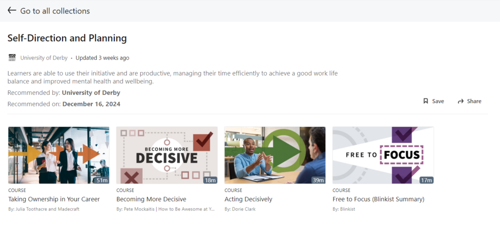 A screenshot of the LinkedIn Learning collection: Self- Direction and Planning.