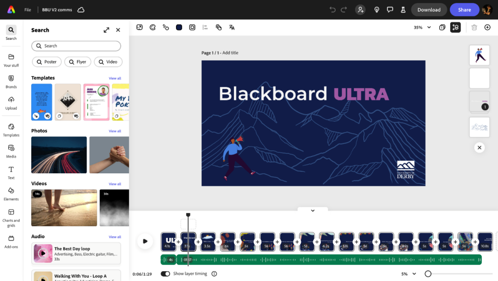 A screenshot of the editing window in Adobe express showing the timeline with clips edited.