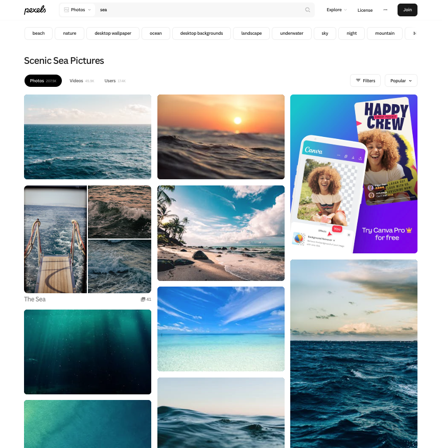 A screenshot of pictures in pexels showing all the images of a beach and sea.